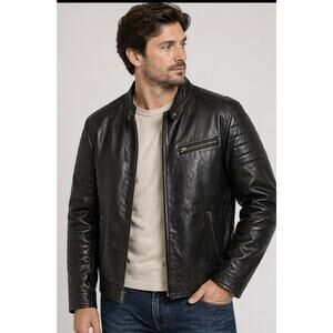 Red Camel Leather Jacket Black Full Zip Bomber Mens L Biker Vintage